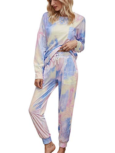 Ladieshow Damen Tie Dye Pyjama Set Gradient Fashion Langarm Asleep Loungewear Zuhause Casual Nachtwäsche Zweiteiliger Anzug W/Tasche Sweat Anzüge Lange Jogger Pyjama Set, violett, XL von Ladieshow