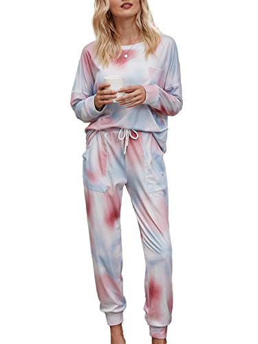 Ladieshow Damen Tie Dye Pyjama Set Gradient Fashion Langarm Schlaf Loungewear Home Casual Nachtwäsche Zweiteiliger Anzug W/Tasche Sweat Anzüge Lange Jogger Pyjama Set, rose, XL von Ladieshow