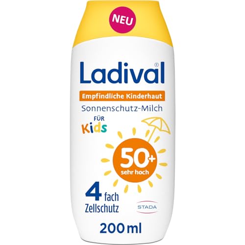 Ladival Kinder Sonnencreme Milch LSF50+ für empfindliche Kinderhaut, Babys und Kinder ab 6 Monaten, extra wasserfest, 4-fach Zellschutz, 200ml von Ladival