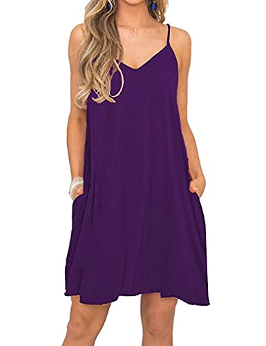 Ladmous Damen Sommer Spaghettiträger Sommerkleid Boho Strandkleider Casual Mini Kleider mit Taschen, Violett, X-Groß von Ladmous