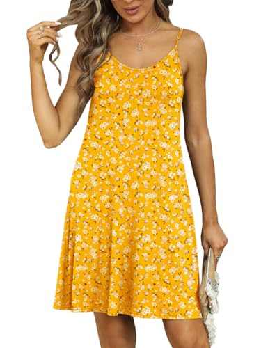 Ladmous Sommerkleid für Damen, Spaghettiträger, florales Sommerkleid, Strandkleid, mit Taschen, Gelb mit Blumenmuster, Large von Ladmous