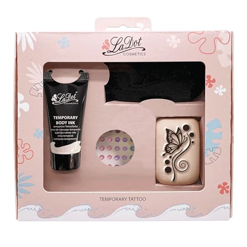 Temporäres Tattoo Set M – Schmetterling – für Kinder und Erwachsene Inhalt: Stempelkissen, schwarzes Tattoo, Klebe-Strasssteine, 1 Tattoo-Stein Größe M von Ladot
