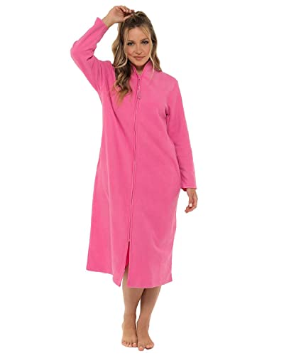Langer Damen-Bademantel aus weichem Fleece, Größen 38 bis 52, mit Reißverschluss vorne, rose, 18-20 von Lady Olga