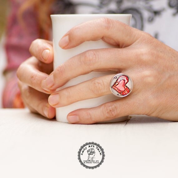 Red Heart Ring, Love Jewellry, Photo Glass Jewelry, Art Adjustable Picture Inspirational Ring von LadyArtTalk