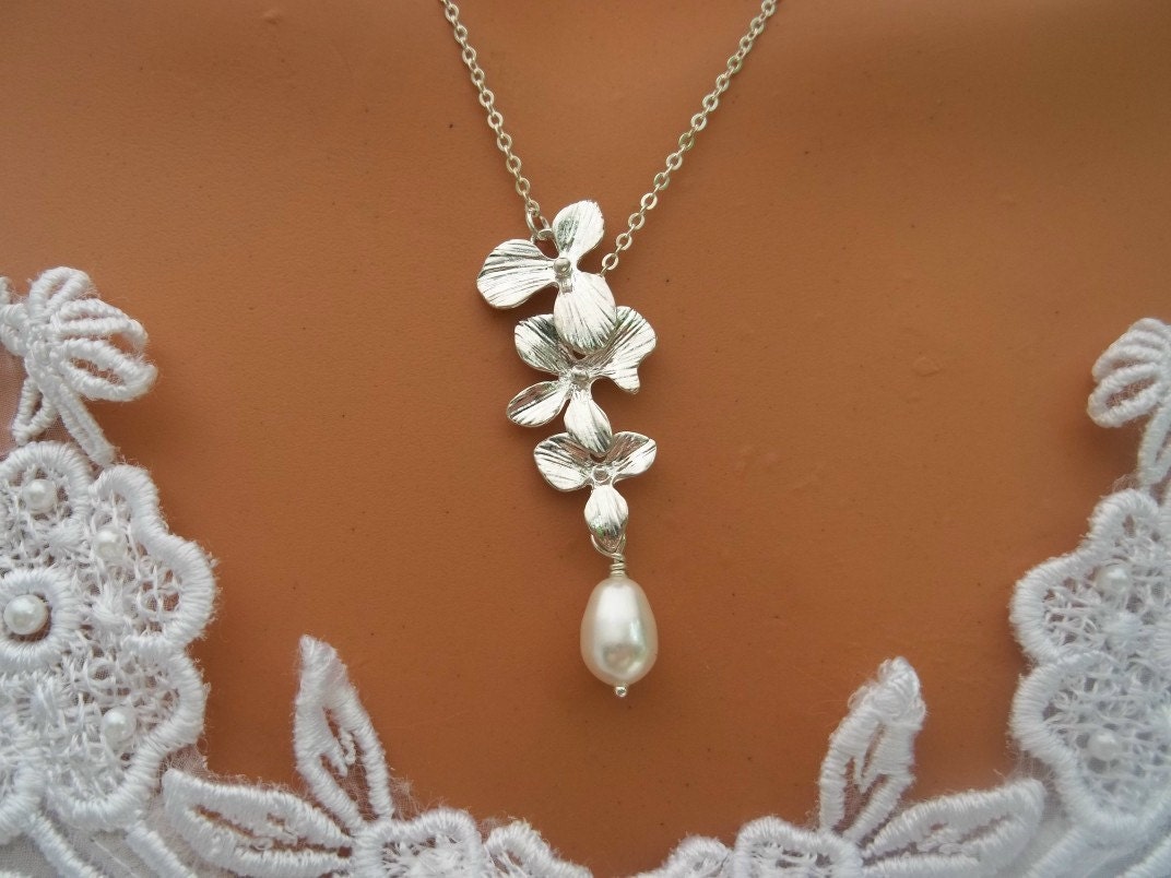 Braut Orchidee Y-Kette Sterling Silber, Swarovski Perle Lariat von LadyKJewelry