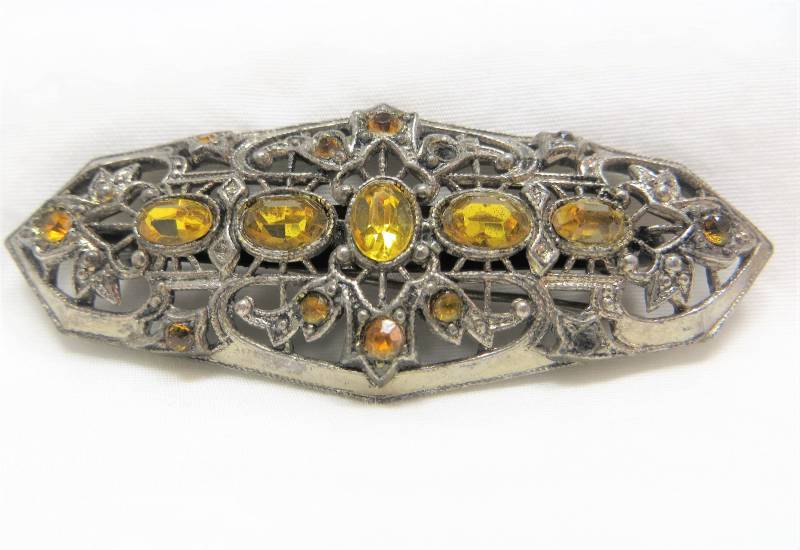 Vintage Topf Metall Citrin Stein Brosche C Verschluss Großen Verzierten Pin A Schönheit von LadyKsVintageFinds