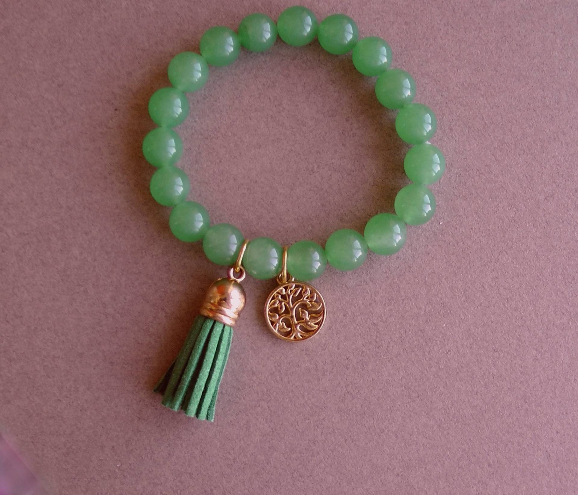 Aventurin Perlen Armband Grüne Quaste, Baum Des Lebens Anhänger von LadyLiJewellery
