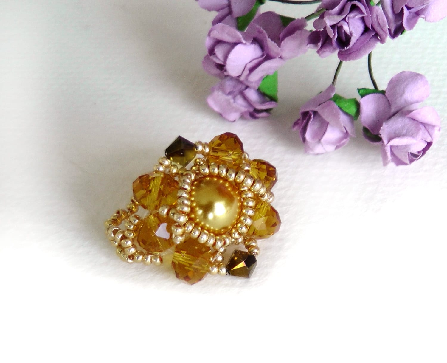 Goldener Kristallperlenring Gewebte Samenperle Statement Ring von LadyLiJewellery