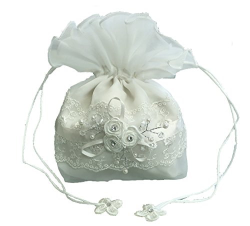 LadyMYP© Brauthandtasche, Brautbeutel mit Blüten, Perlen und Strass auf Spitze, Hochzeit, Kommunion Model428 (Ivory) von LadyMYP