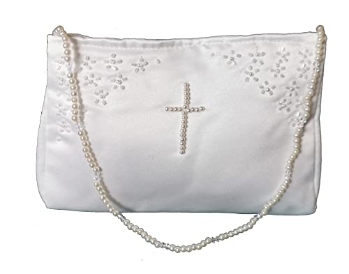 LadyMYP© Brauttasche/Brautbeutel/Handtasche mit Perlen-Blümchen und Perlen in Kreuzform mit Perlenkette für Hochzeit Kommunion weiß/ivory NEU (Ivory mit Kreuz) von LadyMYP