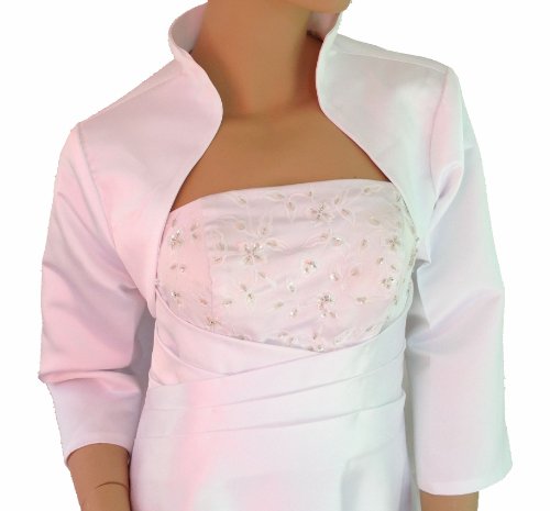 LadyMYP© Modisch-chicer 3/4 Ärmel Brautjacke (Bolero) mit Kragen aus Satin für Hochzeit, Abendkleid/Cocktailkleid, Weiß/Ivory/Schwarz, 34-58 (36, Weiß) von LadyMYP