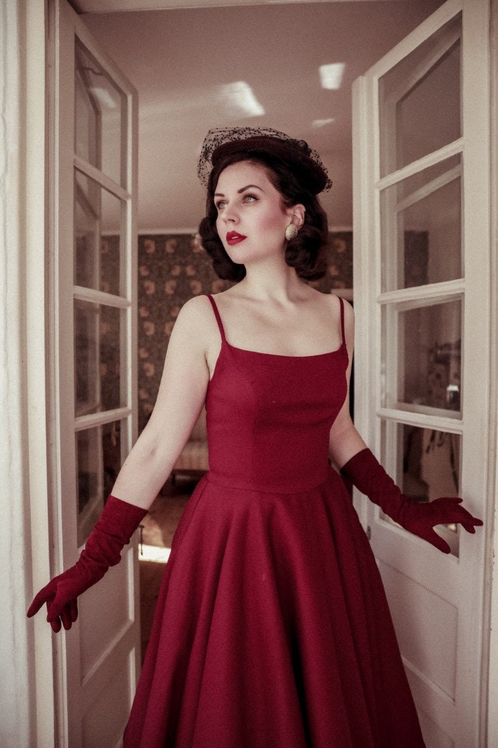 Jane Burgundy Kleid Prom Brautjungfernkleid Midi Vintage Retro 50Er Pin Up Swing Cocktail Party von LadyMayraClothing