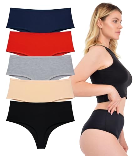 LadyMelex Damen Tangas aus Baumwolle mit hoher Taille, 5er-Packung für den täglichen Gebrauch, Schwarz, Beige, Grau, Rot, Marineblau von LadyMelex