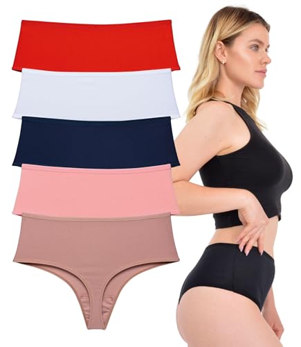 LadyMelex Damen Tangas aus Baumwolle mit hoher Taille, 5er-Packung für den täglichen Gebrauch, Rot, Nerz, Weiß, Lachs, Marineblau von LadyMelex