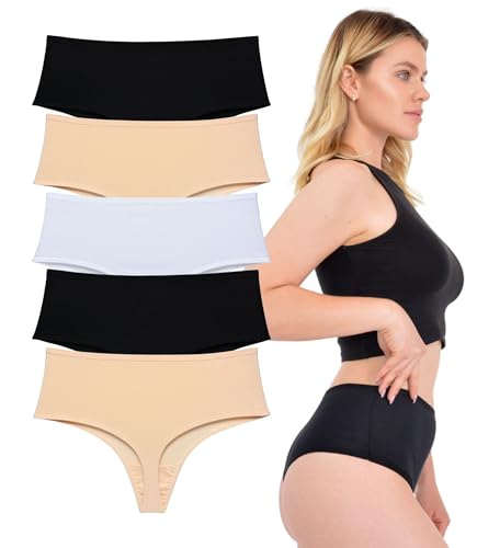 LadyMelex Damen Tangas aus Baumwolle mit hoher Taille, 5er-Packung für den täglichen Gebrauch, Schwarz, Weiß, Beige von LadyMelex