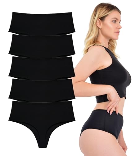 LadyMelex Damen-Tanga mit hoher Taille, 5er-Pack, Baumwoll-Tanga, Schwarz, XL von LadyMelex