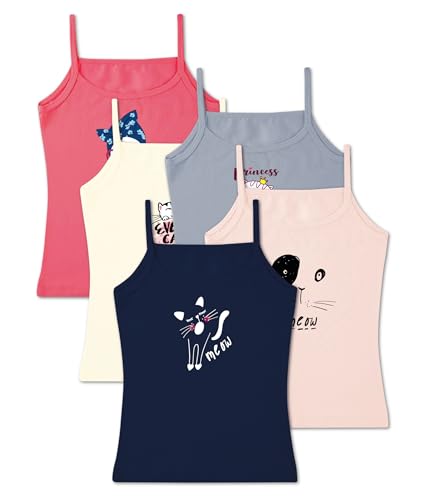LadyMelex Unterhemden aus Baumwolle mit Rundhalsausschnitt und ohne Etikett für Mädchen, mit Besatz und Riemen, 2–11 Jahre (5er-Pack), 4–5 Jahre, Katze (Grau, Puder, Burgunderrot, Ecru, Marineblau) von LadyMelex