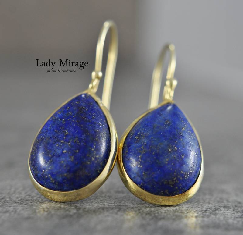 925 Silber - Edelstein Hängeohrringe Lapis Lazuli 14K Vergoldet Tropfen Sternzeichen Schütze Geburtsstein September Meditation von LadyMirageDesign