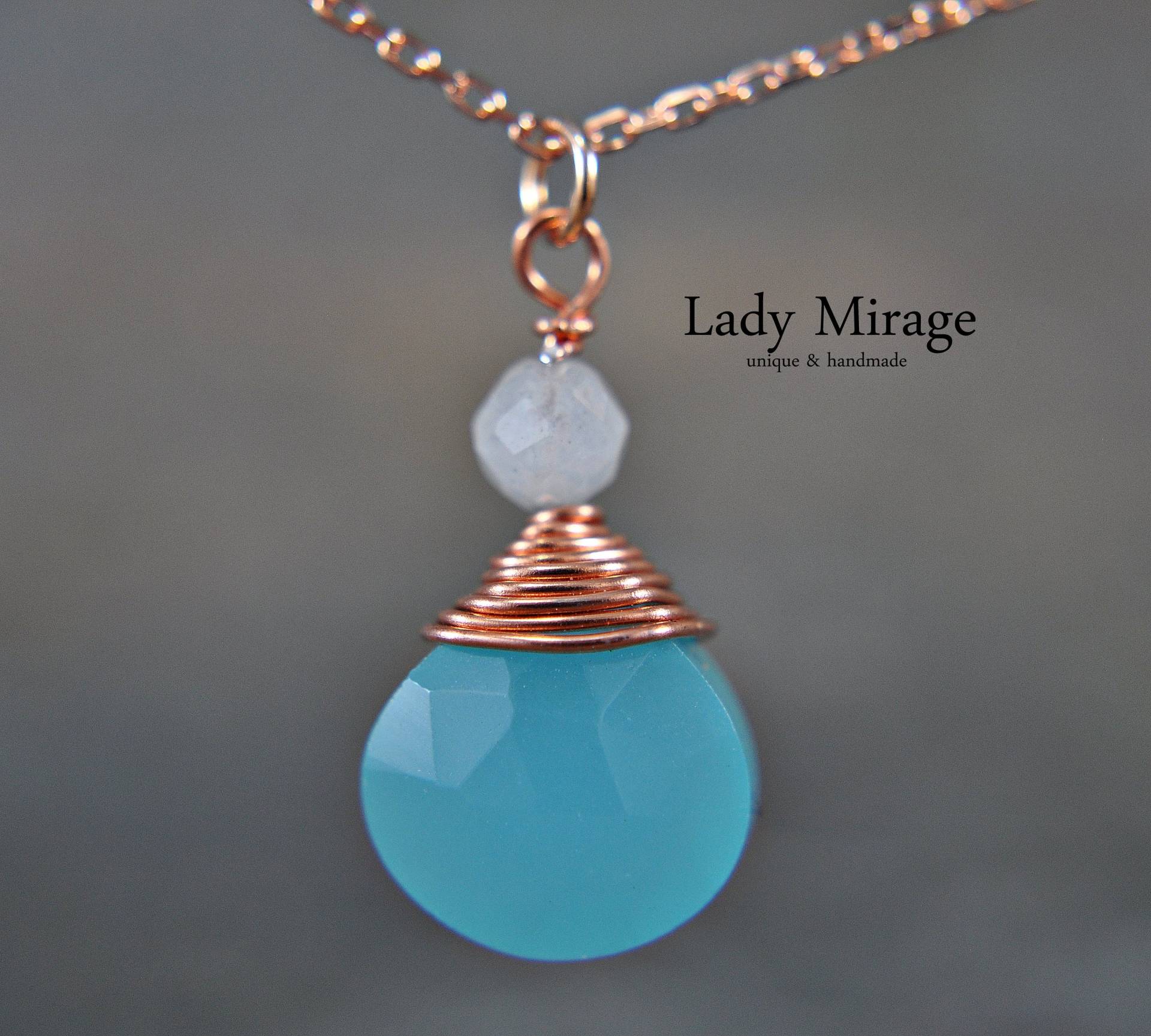 925 Sterling Silber Kette Mit Aqua Chalcedon Und Mondstein Perle - Roségold Tropfenform Hochzeitsschmuck Eisblau von LadyMirageDesign