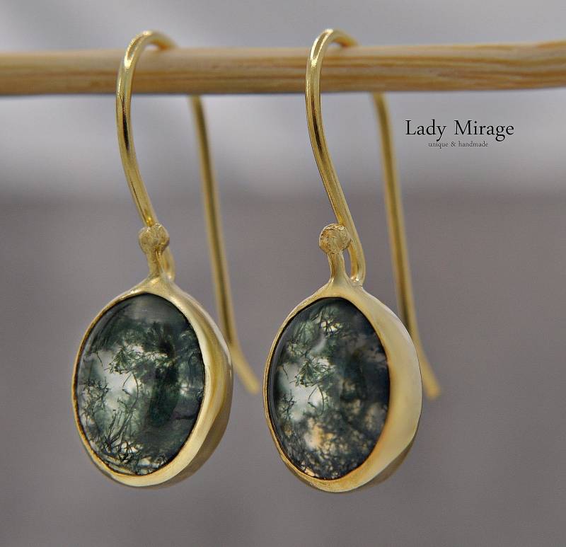 925 Sterling Silber Ohrringe 14K Vergoldet | Natürlicher Moosachat Handgefertigter Edelstein Schmuck Einzigartig Weihnachtsgeschenk von LadyMirageDesign