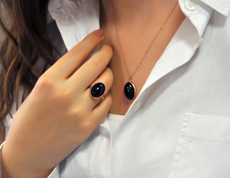 925 Sterling Silber Ring - Rosévergoldet Größenverstellbar Edelstein Achat Oval Geschenk Für Sie Schwarz Muttertagsgeschenk von LadyMirageDesign
