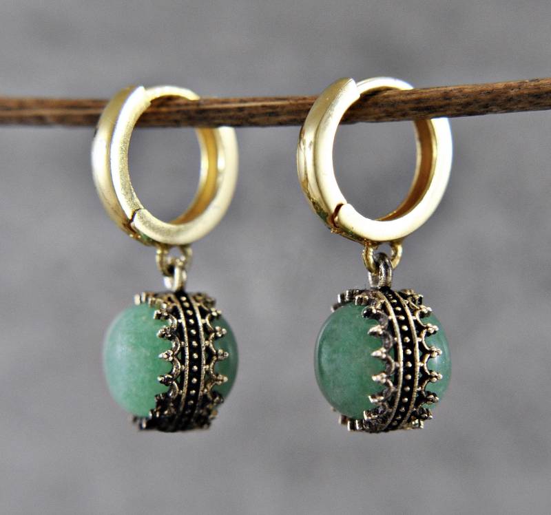 Aventurin - Creolen Silber 925 Ohrringe 14K Vergoldet Edelstein Naturstein Krone Vintage Stil Hängeohrringe Geschenk Für Sie von LadyMirageDesign