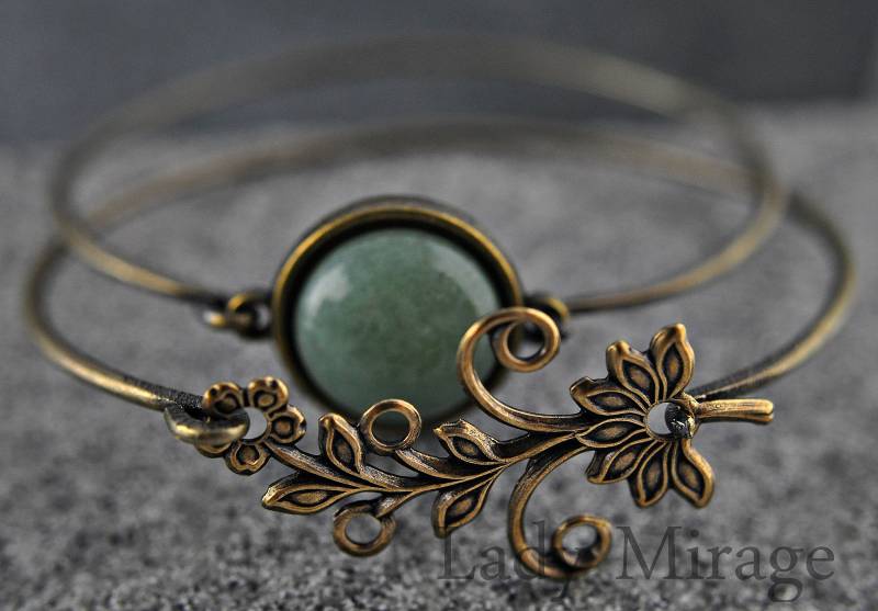 Vintage Stil Armreif Set Mit Aventurin Cabochon - Boho Schmuck Damen Öffnbar Handgemacht Geschenkidee Naturstein Geschenk Für Sie von LadyMirageDesign