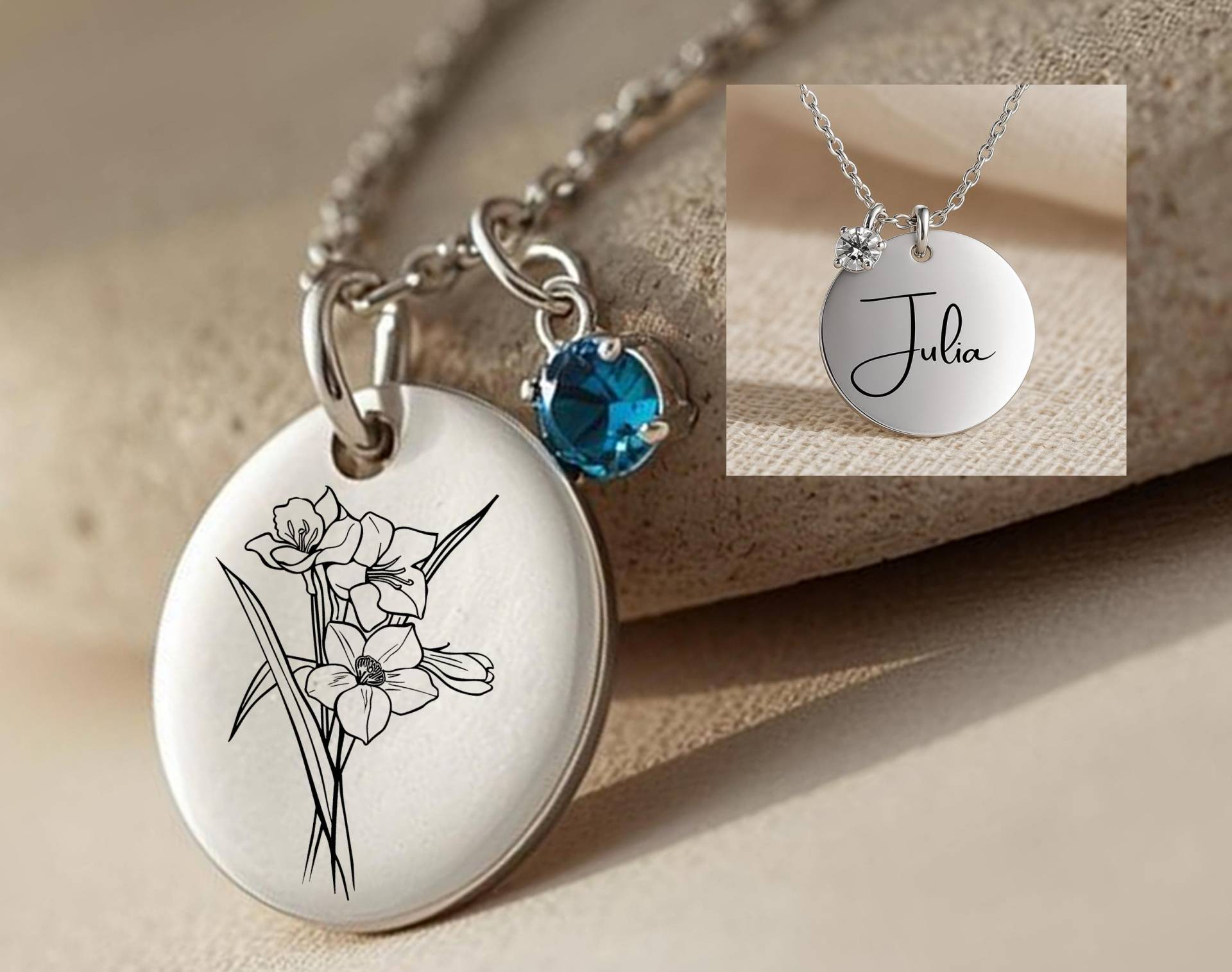 Geburtsmonat-Blume Kette Aus Edelstahl Mit Geburtsstein - Zweiseitig Gravierbar Wunschname Hochzeitsgeschenk Geschenkidee Für Damen von LadyMirageDesign