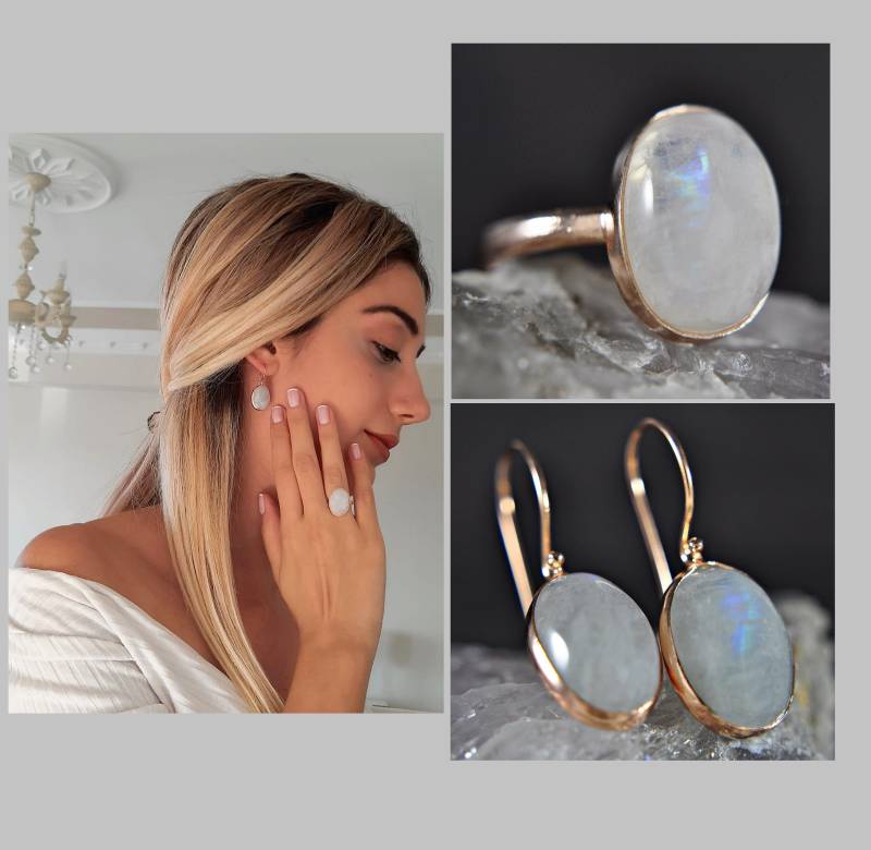 Mondstein, Schmuckset, Regenbogen, Sterling Silver, Ohrringe, Ringe, Brautschmuck Rosegold, Geschenk Frau, Geschenkset, Geburtstagsgeschenk von LadyMirageDesign