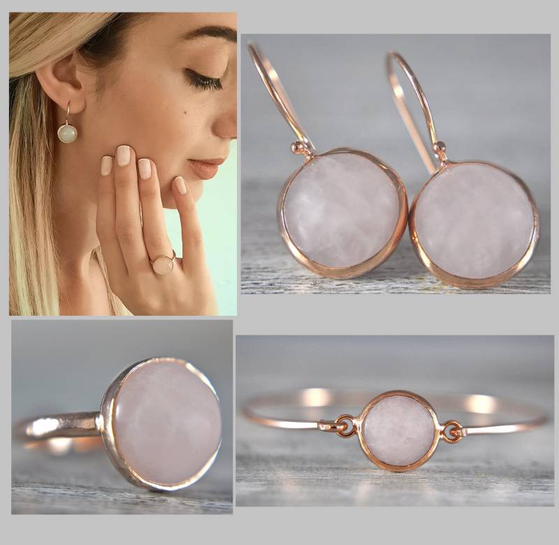 sterling Silver, Schmuckset Rosenquarz, Armreif, Ohrringe, Ringe, Brautschmuck Rosegold, Geschenkidee Frau, Geschenkset, Geburtstagsgeschenk von LadyMirageDesign