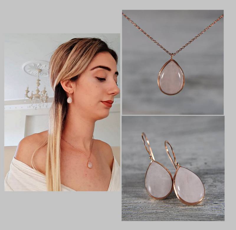 sterling Silver, Schmuckset Rosenquarz, Halskette Ohrringe, Brautschmuck Rosegold, Geschenkidee Frau, Geschenkset, Geburtstagsgeschenk von LadyMirageDesign