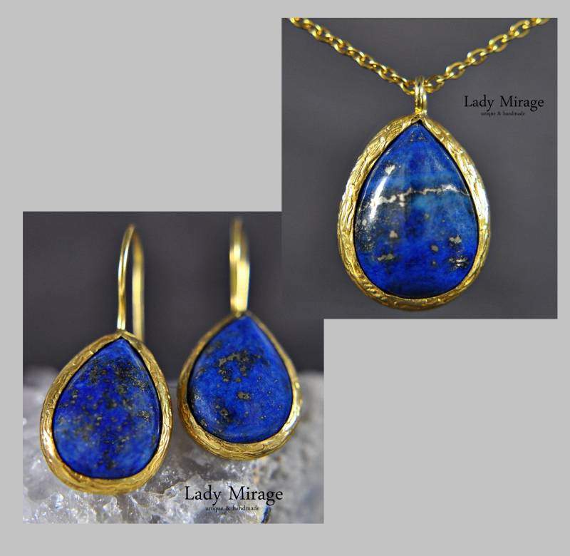 Schmuckset Mit Natürlichem Lapis Lazuli Edelstein in Gold, Heilstein Schmuck, Handmade, Birthstone, Gift For Her, Crystal Jewelry Teardrop von LadyMirageDesign
