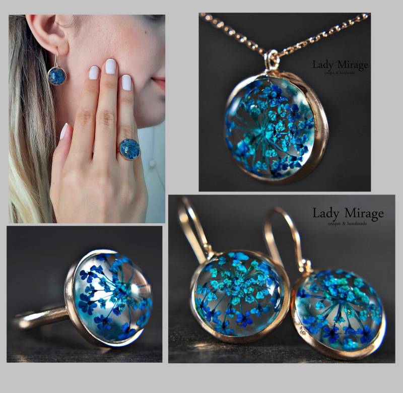 sterling Silver, Echte Blumen, Blau, Schmuckset, Naturschmuck, Halskette Ohrringe, Ringe, Brautschmuck Rosegold, Geschenk Frau, Geschenkset von LadyMirageDesign