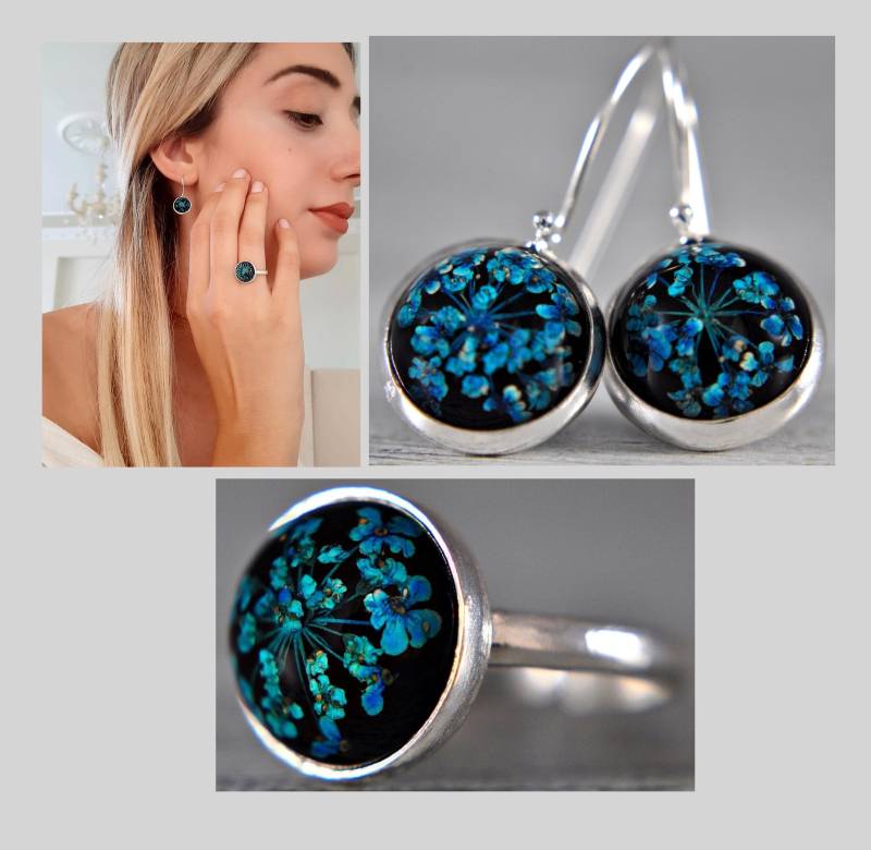 sterling Silver, Echte Blumen, Schmuckset, Ohrringe, Ring Mit Blume, Brautschmuck, Geschenkidee Frau, Geschenkset, Geburtstagsgeschenk von LadyMirageDesign