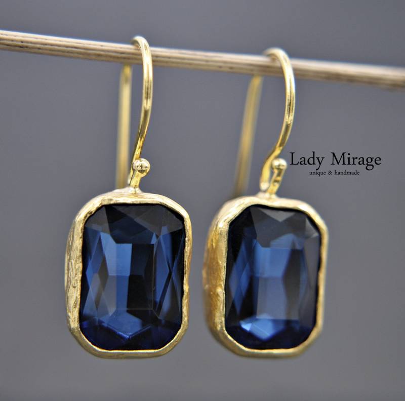 Hängeohrringe Gold - Funkelnde Zirkonia Kristall Ohrringe Messing Rechteck Elegant -Saphir Blau- Hochzeit Braut Geschenk Für Sie von LadyMirageDesign