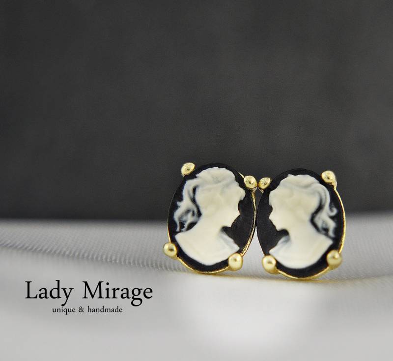 Ohrstecker, 925 Sterling Silber - Gold Roségold, Geburtstagsgeschenk Für Sie, Cameo, Vintage, Mom Gifts, Black Earrings, Bridesmaid Gifts von LadyMirageDesign