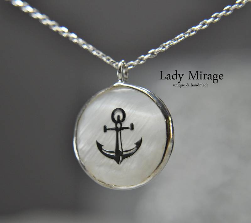 Perlmutt Kette Silber - 925 Brautschmuck Weiß 45 cm Hochzeitsschmuck Maritim Anker Geschenk Für Sie von LadyMirageDesign
