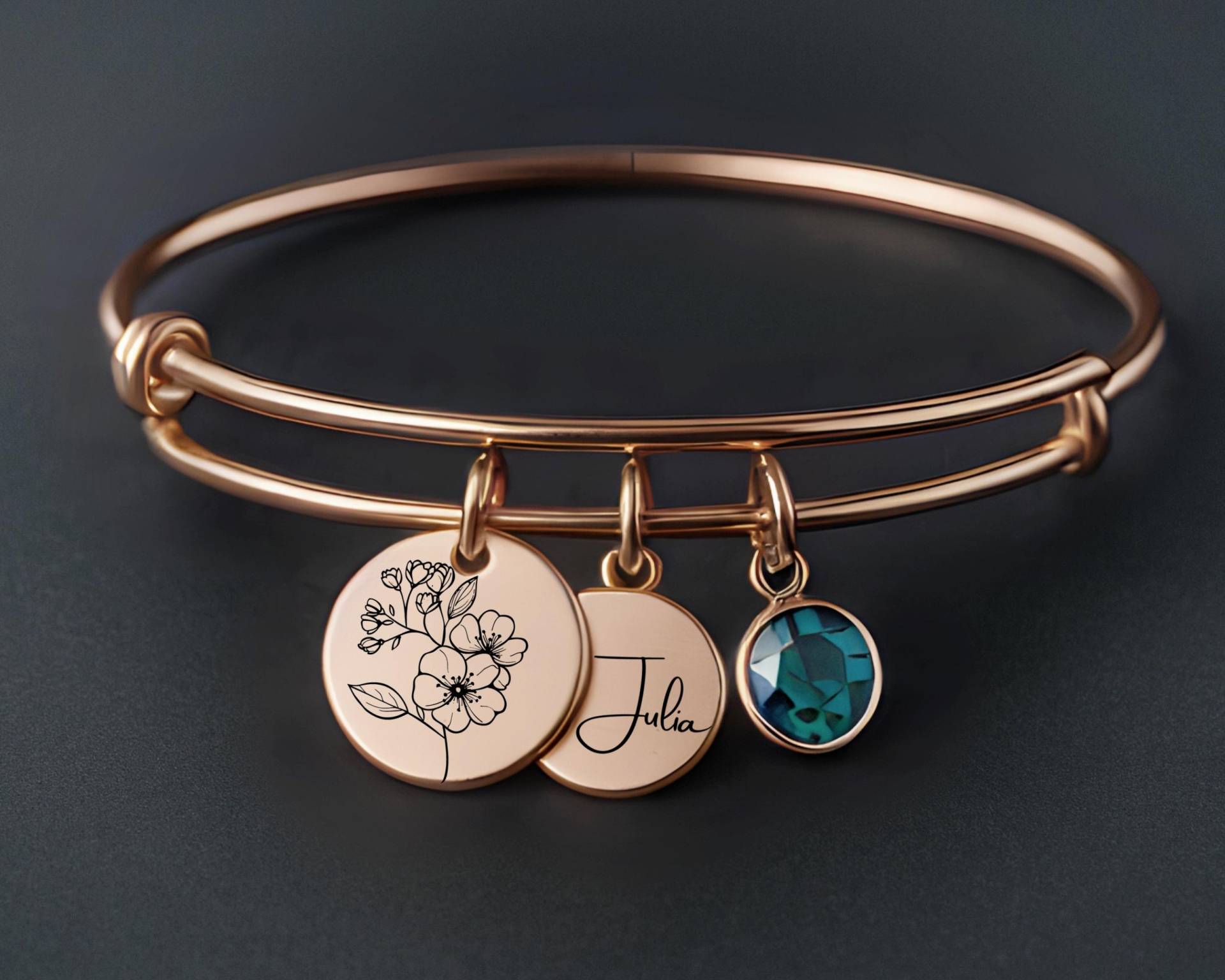 Personalisierter Schmuck, Geburtsstein Geschenk, Rosegold Armreif Mit Geburtsblume, Bettelarmband Namen, Geschenkidee Damen Geburtstag von LadyMirageDesign