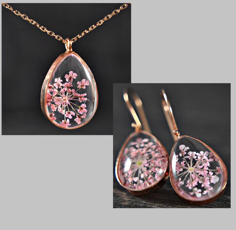 sterling Silver, Echte Blumen, Pink, Schmuckset, Halskette Ohrringe, Brautschmuck Rosegold, Geschenk Frau, Geschenkset, Geburtstagsgeschenk von LadyMirageDesign