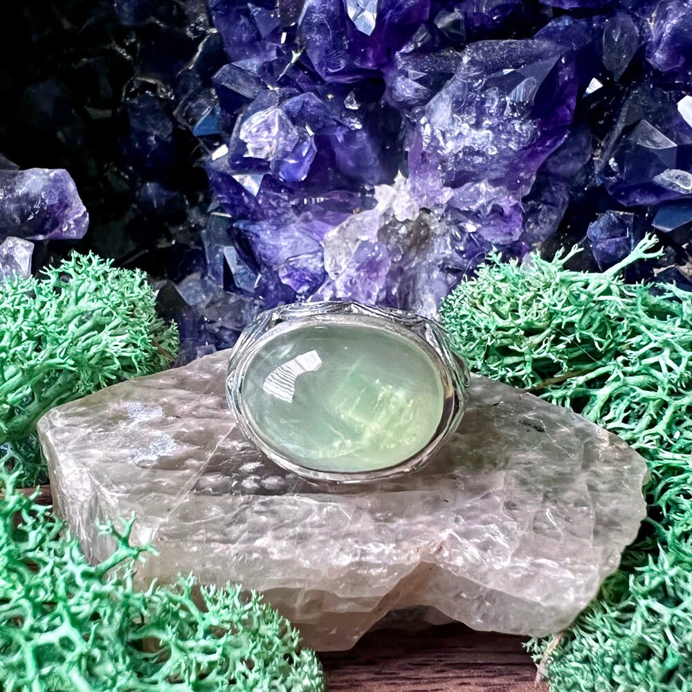 Prehnit Oval Wellen Sterling Silber Ring Us 9 von LadyMoonfyre