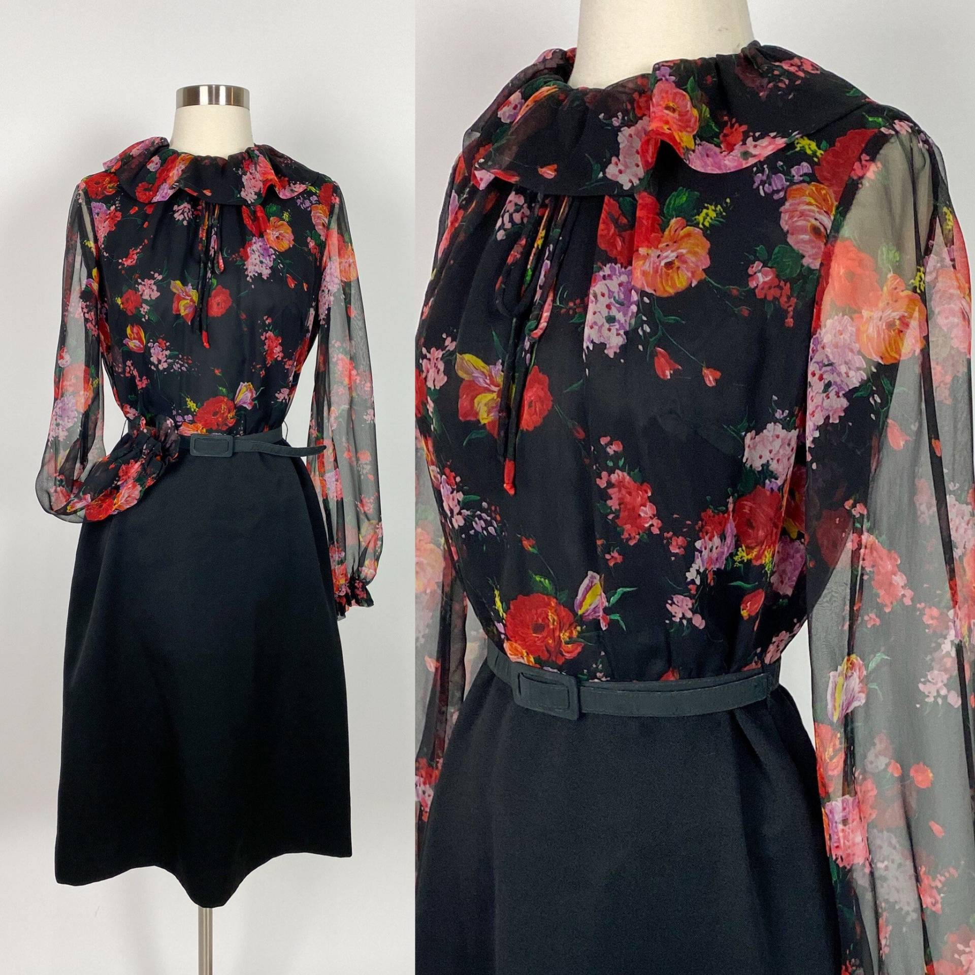 1960Er Jahre Kleines Med Floral Schwarzes Kleid Chiffon Top von LadyRockwellsVintage