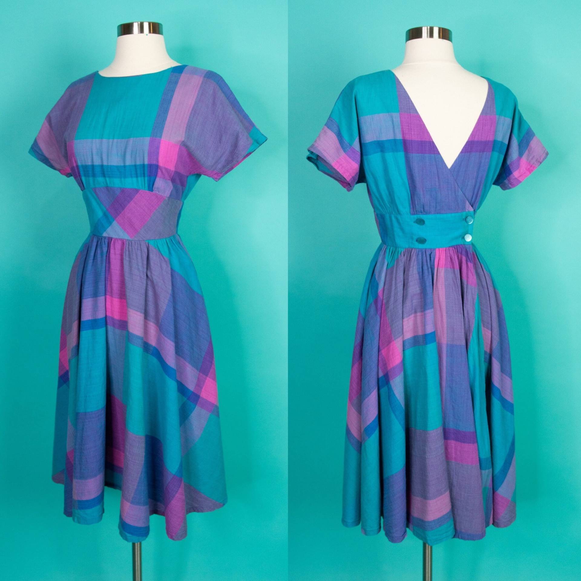 50Er Jahre Blau Kariertes Kleid 24 Taille Xs von LadyRockwellsVintage