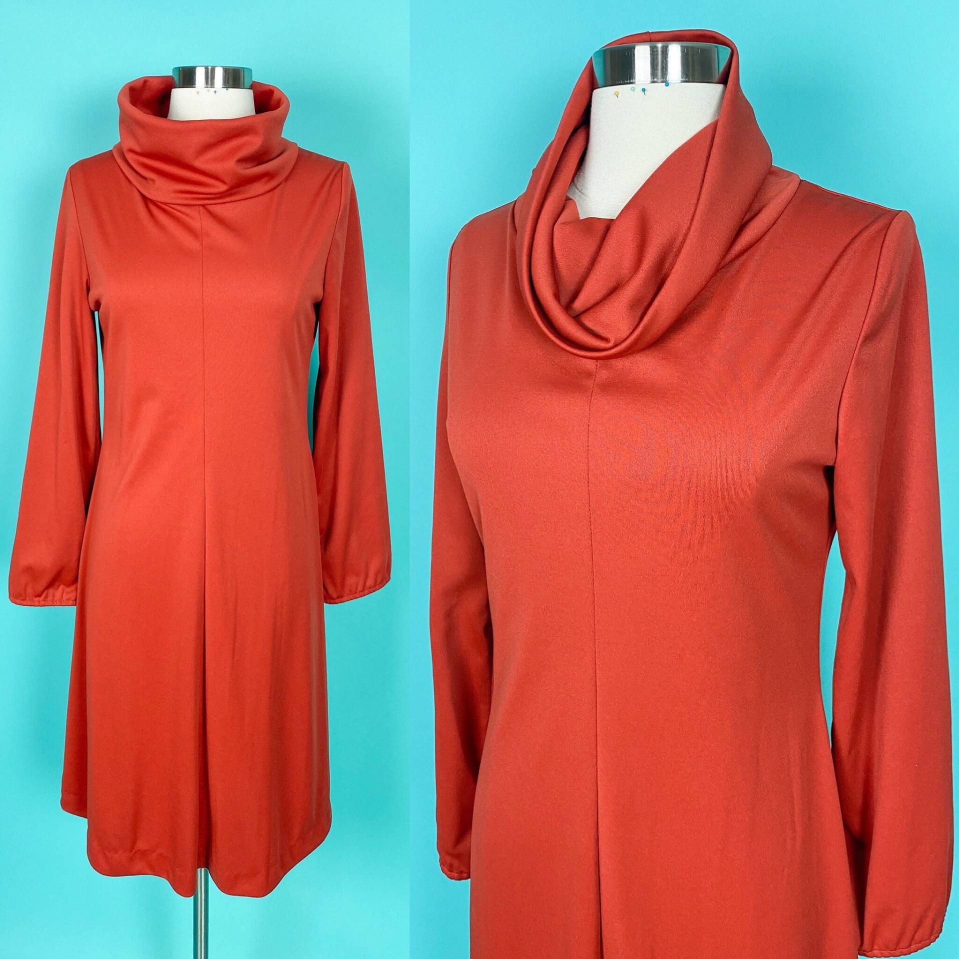 70Er 30W Kürbis Orange Kleid Mit Wasserfallausschnitt von LadyRockwellsVintage