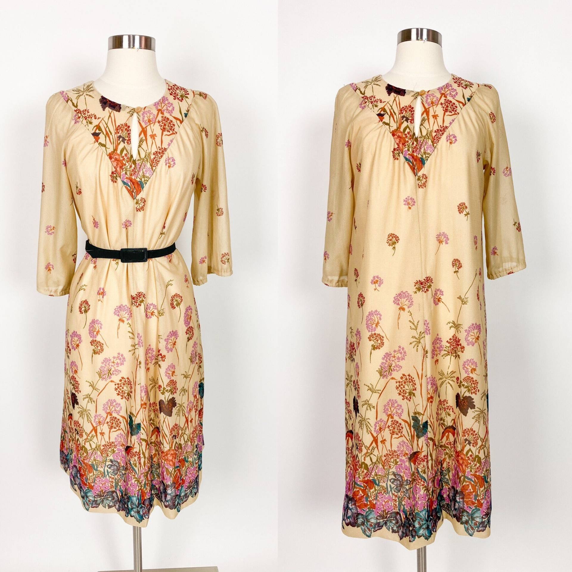 1970Er Jahre Beige Orange Floral Kleid Medium Large von LadyRockwellsVintage