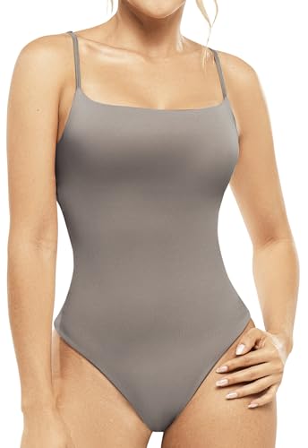 Ladyslim Damen Kolumbianischer Cami Tanga Bodysuit Double Lined Square Neck Bodysuit Verstellbare Spaghettiträger Tank Tops, GRAU, X-Small von LadySlim by NuvoFit