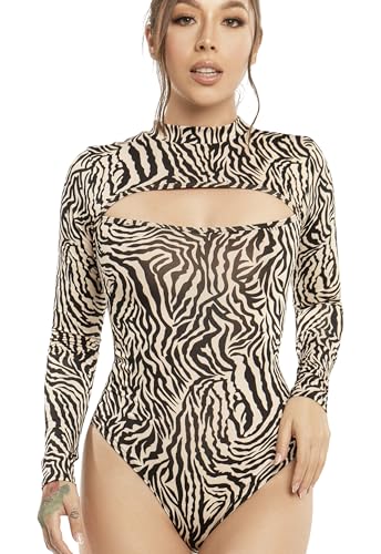 Ladyslim Damen Langarm Bodysuit mit Ausschnitt vorne High Neck Slim Fit Stretch Casual Jumpsuit Top, Zebra-Print, Small von LadySlim by NuvoFit