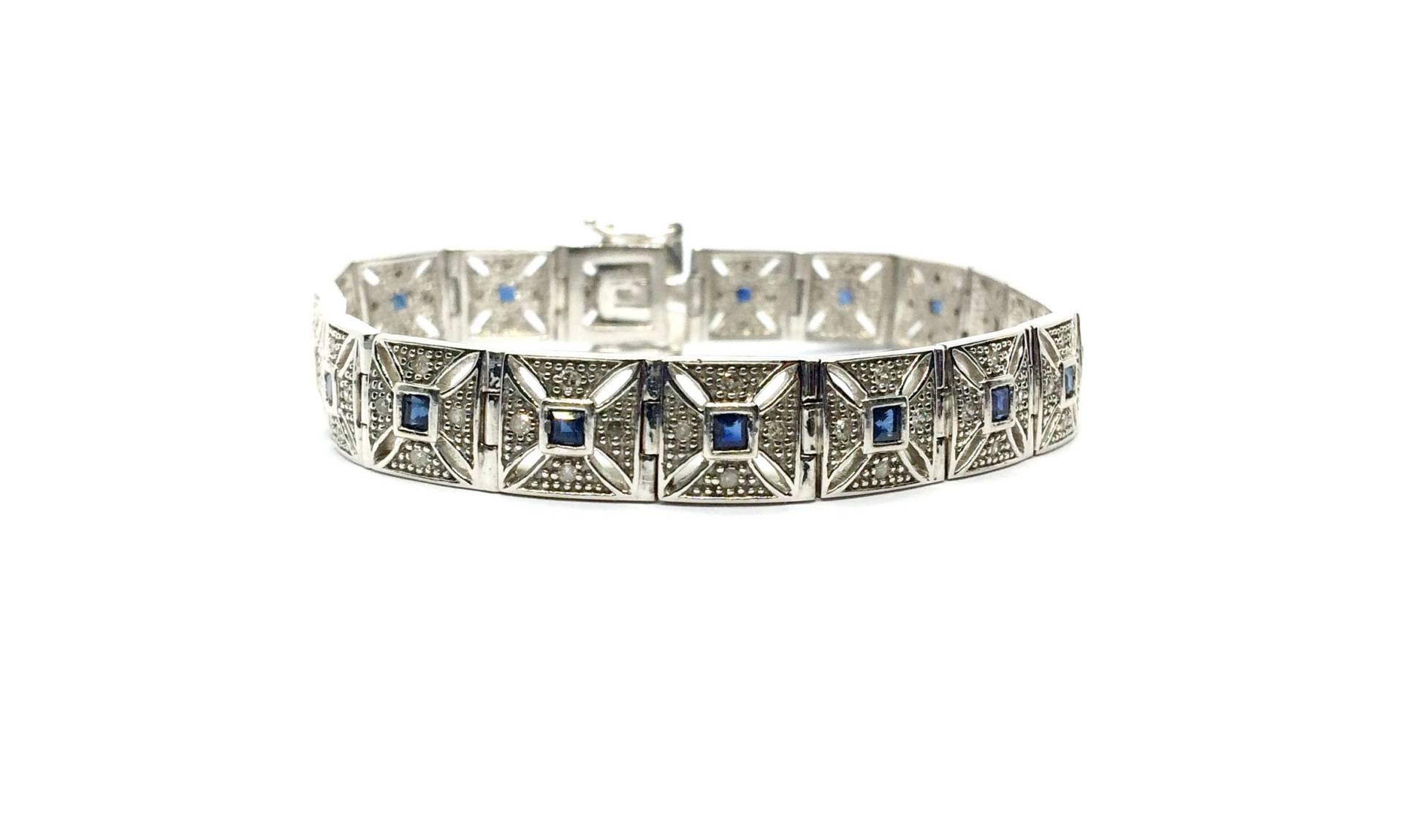 Art Deco Stil Rhodiniertes 9Ct Gold Saphir & Diamant Gliederarmband von Ladyantika