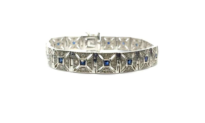 Art Deco Stil Rhodiniertes 9Ct Gold Saphir & Diamant Gliederarmband Art Deco Stil Rhodiniertes 9Ct Gold Saphir & Diamant Gliederarmband von Ladyantika