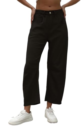 Ladyful Barrel Jeans Vintage Elastic Mid Rise Wide Leg Jeans für Frauen Trendy Baggy Boyfriend Denim Hose mit Taschen, Schwarz, Groß von Ladyful