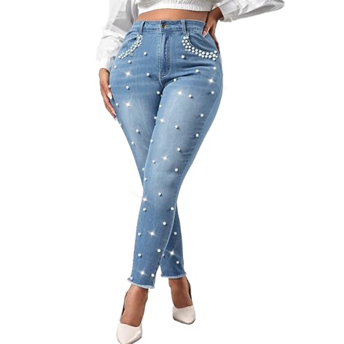 Ladyful Damen Skinny Jeans Klassische Mid Waist Stretchy Denim Hose mit Perlen Strass, Hell, blau, XX-Large von Ladyful